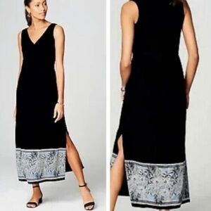 J Jill Maxi Dress Size Large Tall Sleeveless Havana Tropical Border Print Black